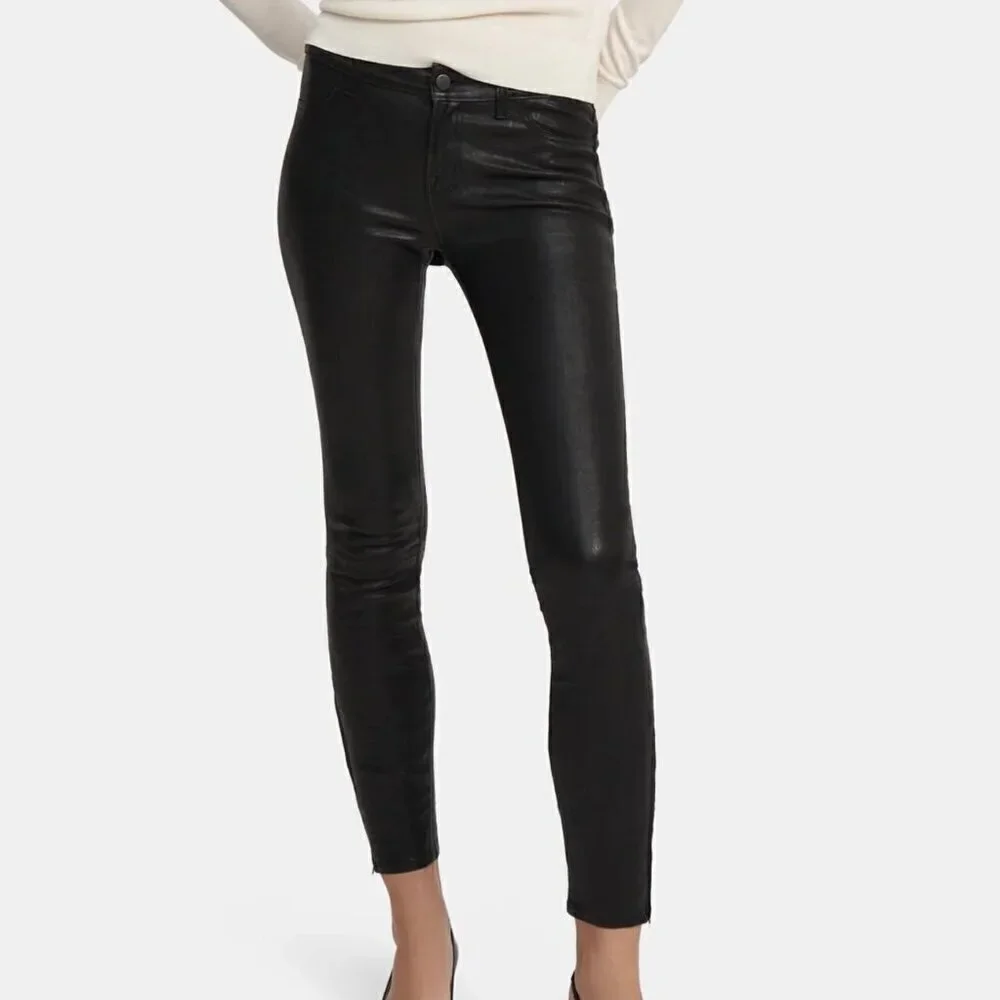 J Brand Lamb Leather Leggings Stretch Zipper Ankle Mid Rise L8001 Black Size 26